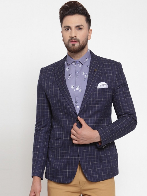 

MAXENCE Men Blue & White Checked Slim-Fit Single-Breasted Formal Designer Blazer