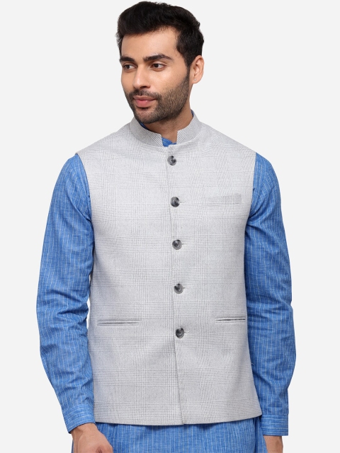 

JB STUDIO Men Grey & White Checked Nehru Jacket