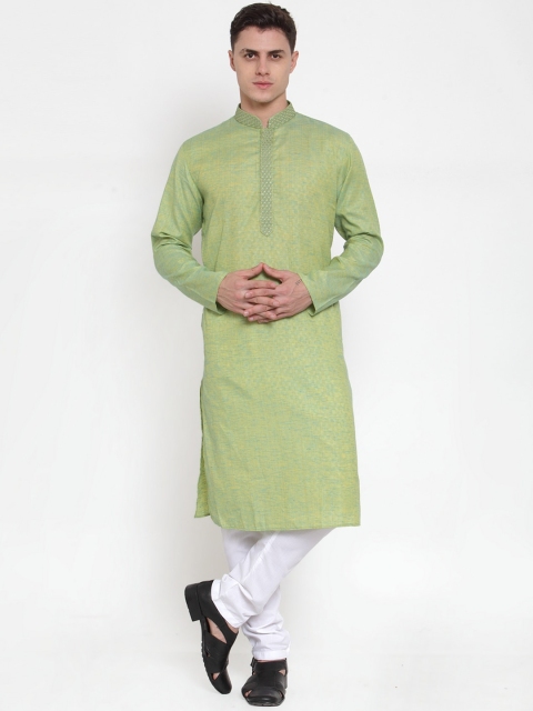 

MAXENCE Men Lime Green & White Woven Design Kurti with Pyjamas