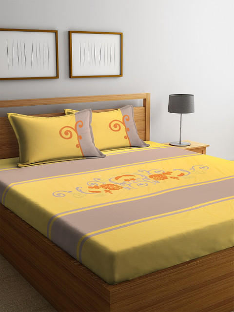 

eyda Yellow & Grey Striped 260 TC Cotton 1 King Bedsheet with 2 Pillow Covers