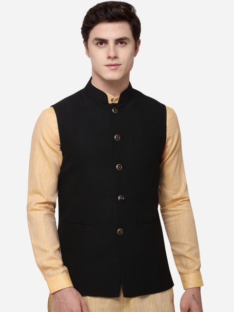 JB STUDIO Men Black Solid Corduroy Nehru Jacket