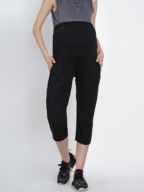 

Mine4Nine Women Black Solid Slim-Fit 3/4th Maternity Track Pants