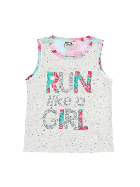 Cherokee Girls Off-White Printed Pure Cotton Tank Pure Cotton Top