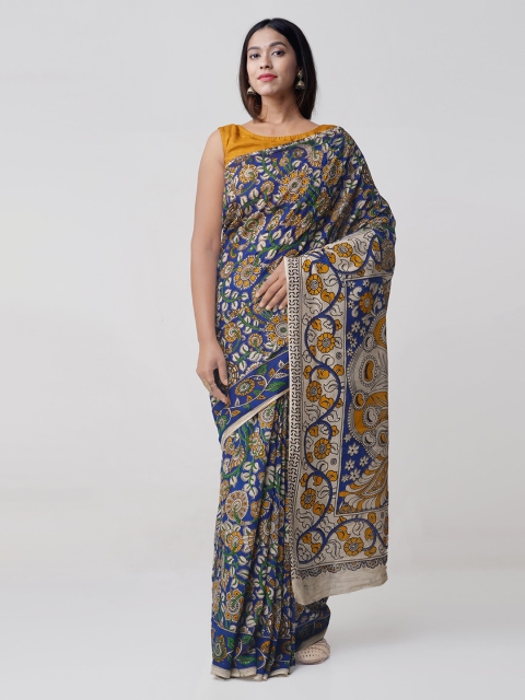 

Unnati Silks Blue & Beige Pure Cotton Kalamkari Printed Saree