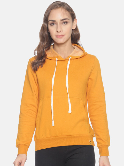 

Campus Sutra Women Mustard Yellow Solid Hooded Sweatshirt