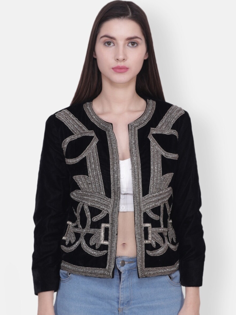 

Diwaah Women Black Self Design Open Front Velvet Jacket