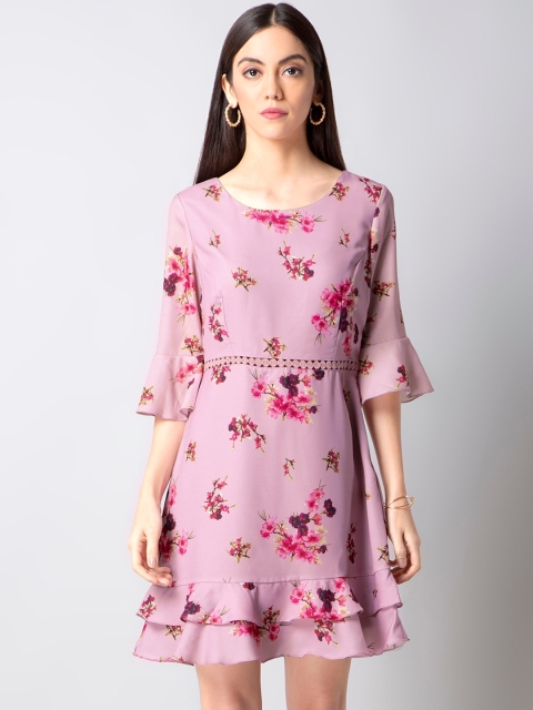 

FabAlley Women Pink & Brown Floral Printed A-Line Dress