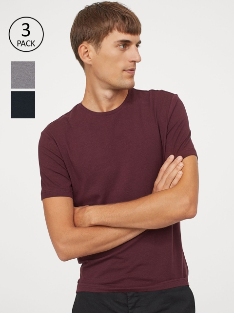 H&M Men Multicoloured Solid 3-Pack Slim Fit T-shirts, Multi