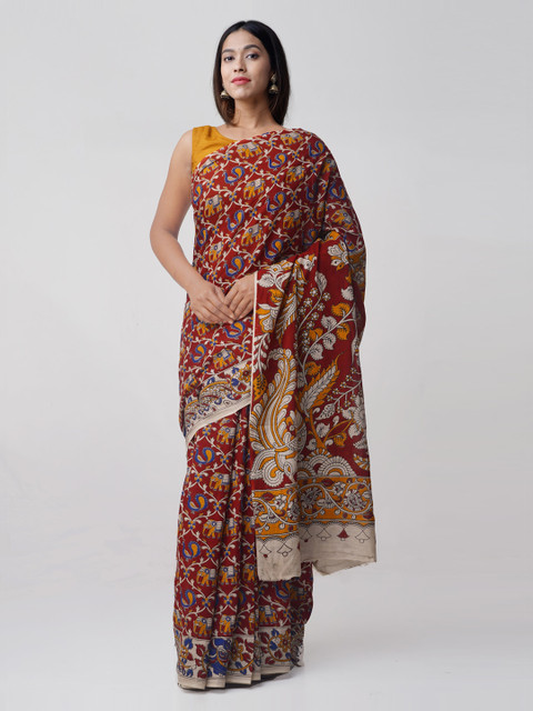 

Unnati Silks Red & Yellow Pure Kalamkari Cotton Printed Saree