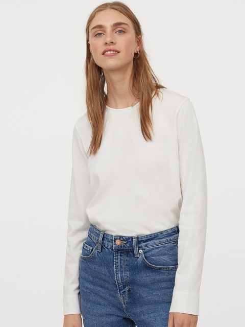 

H&M Women White Solid Cotton Jersey Top