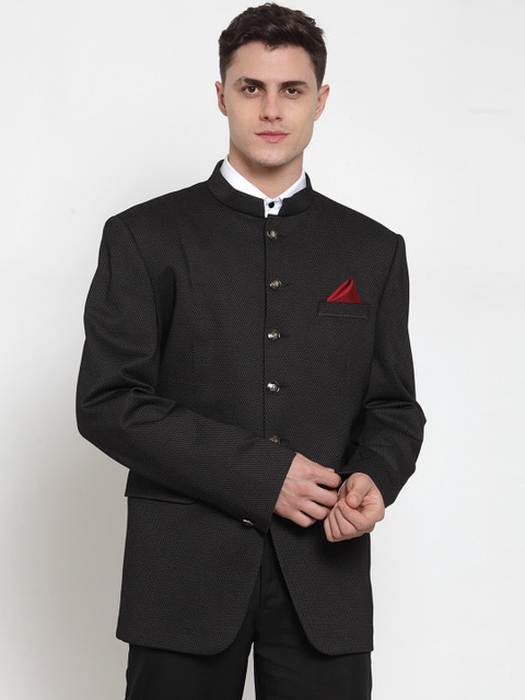 

MAXENCE Men Black Self-Design Slim-Fit Bandhgala Formal Designer Blazer