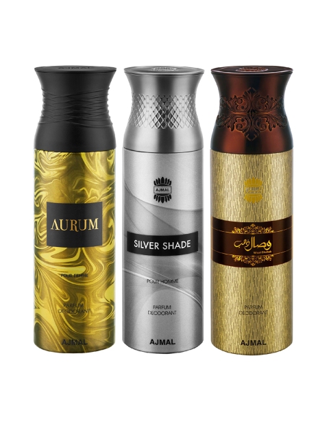 

Ajmal Unisex Pack of 3 Aurum & Silver Shade & Wisal Dahab Deodorant - 200 ml each, Multi