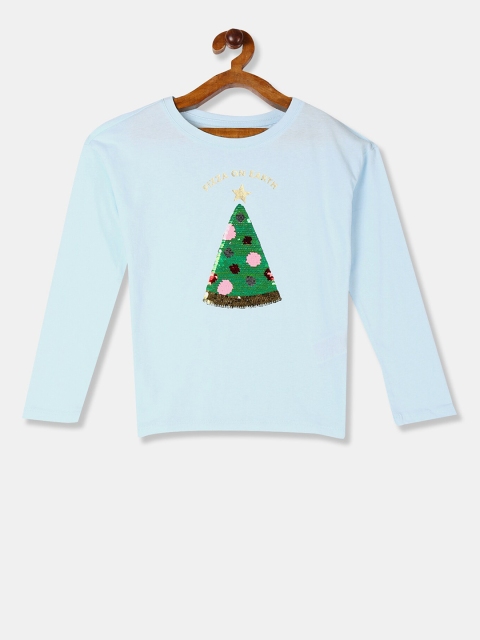 

GAP Girls Turquoise Blue Self Design Round Neck T-shirt