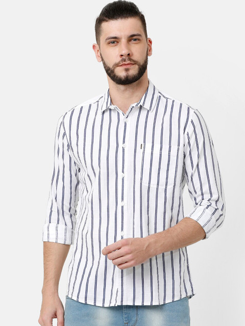 

Voi Jeans Men White & Blue Slim Fit Striped Casual Shirt