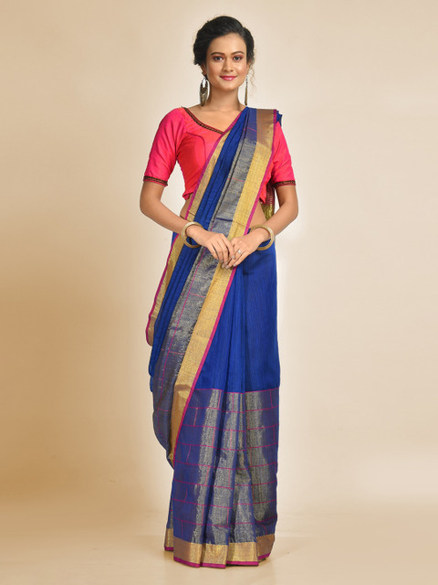 

Mitera Blue & Silver-Toned Cotton Blend Colourblocked Handloom Saree
