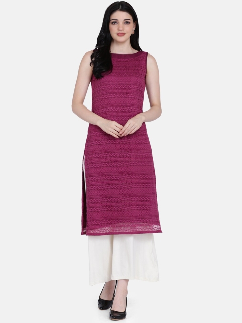 

Ojjasvi Women Magenta Woven Design Straight Kurta with Lace Detail