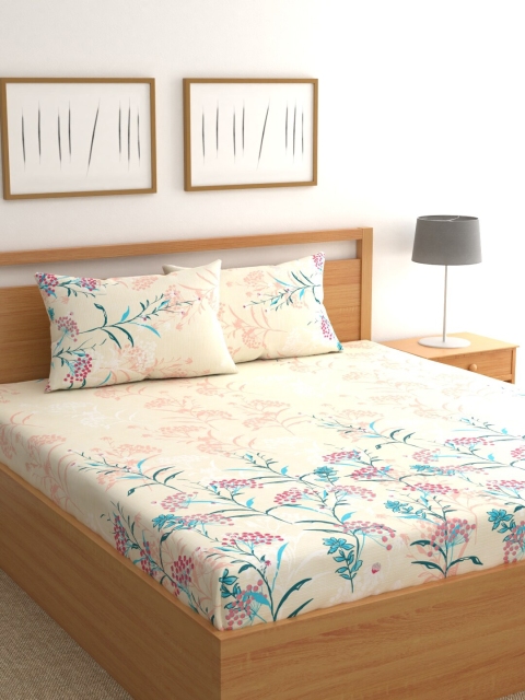 

Raymond Home Peach-Coloured Floral 200 TC Cotton 1 King Bedsheet with 2 Pillow Covers
