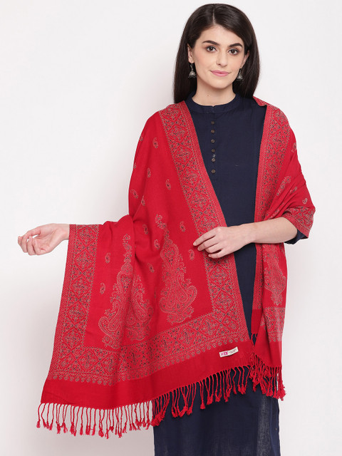 

HK colours of fashion Women Red Woven Design Acrylic Stole with Tasselled Border