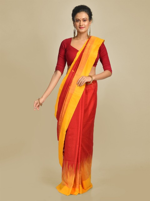 

Mitera Red & Yellow Cotton Blend Solid Handloom Saree
