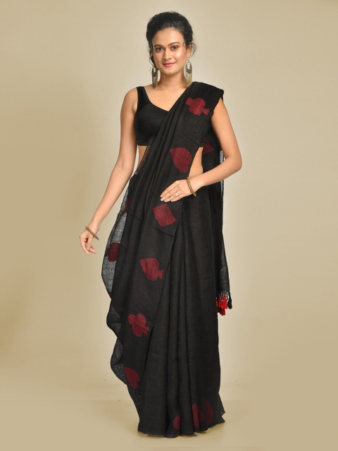 Mitera Black & Maroon Pure linen Printed Saree