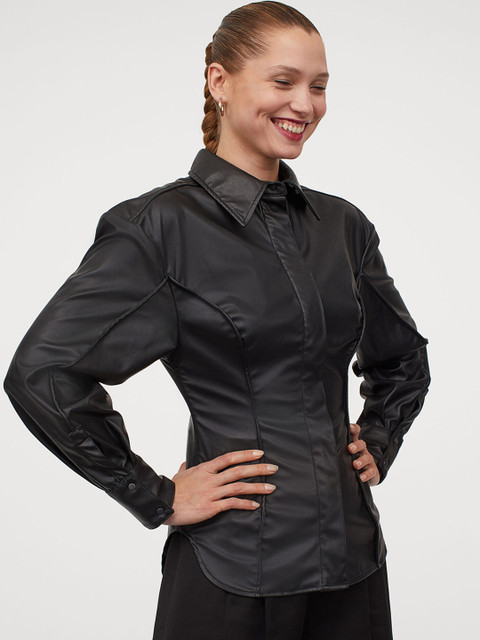 

H&M Women Black Solid Tapered Waist Shirt
