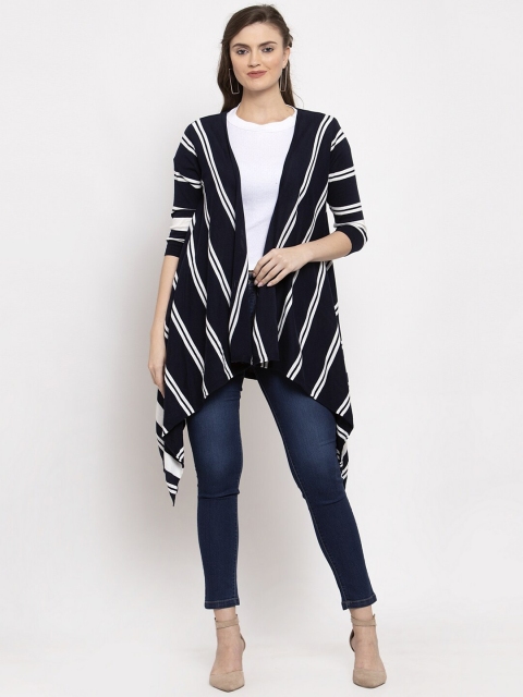 

Kalt Women Navy Blue Striped Open Front Longline Shrug