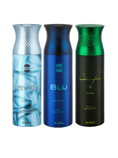 

Ajmal Unisex Pack of 3 Avid Blu & Sacrifice II for Him Deodorants 200ML each, Na