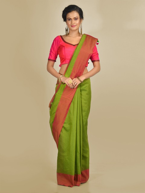 

Mitera Green & Pink Cotton Blend Solid Handloom Saree