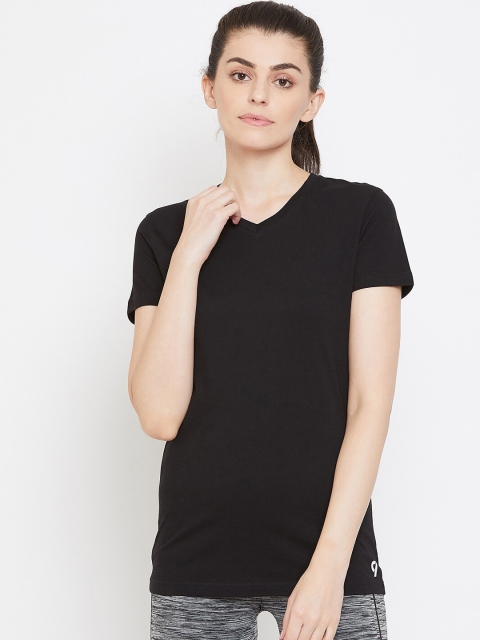 

C9 AIRWEAR Women Black Solid V-Neck Pure Cotton T-shirt