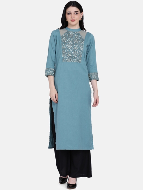 

Ojjasvi Women Blue Yoke Design Straight Kurta