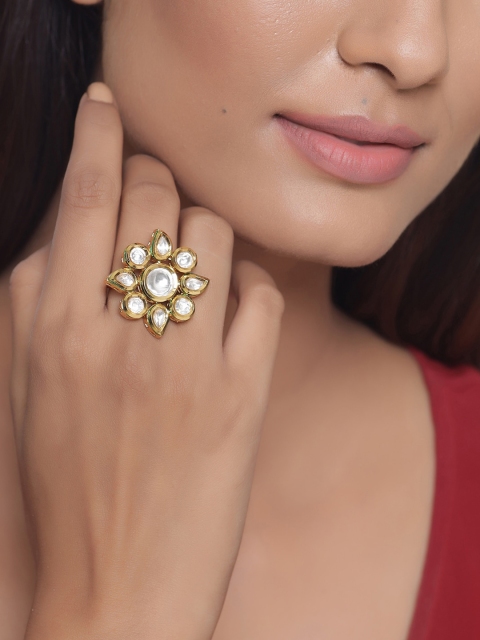 

Tistabene Gold-Plated White AD-Studded Engagement Kundan Wedding Ring