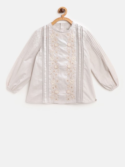 

Cherry Crumble Girls Beige Embroidered Top