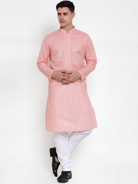 

MAXENCE Men Peach-Coloured & White Self Design Kurta with Pyjamas