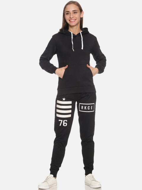 

Campus Sutra Women Black & White Solid Casual Hooded Tracksuit
