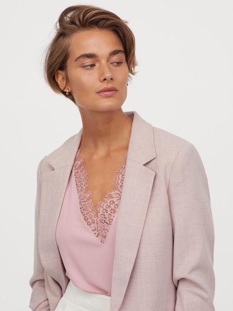 H&M Women Rose Pink Solid V-Neck Top With Lace
