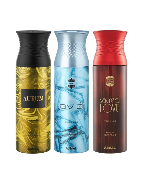 

Ajmal Unisex Pack of 3 Aurum & Avid & Sacred Love Deodorant - 200 ml each, Multi