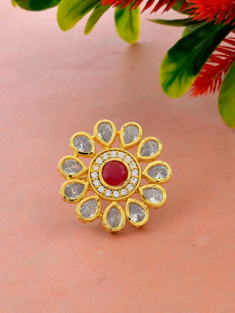 

Silvermerc Designs Gold-Plated Red & White Adjustable Designer Finger Ring