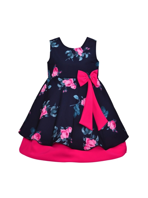 

Wish Karo Girls Navy Blue & Pink Printed Fit and Flare Dress