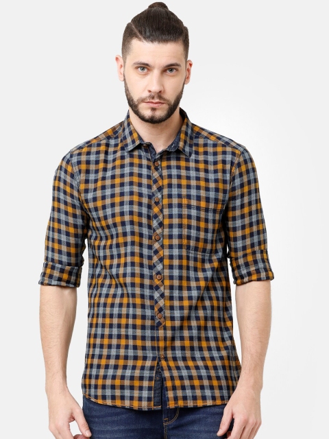 

Voi Jeans Men Yellow & Navy Blue Slim Fit Checked Casual Shirt