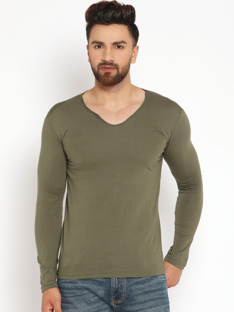 

GESPO Men Olive Green Solid V-Neck T-shirt