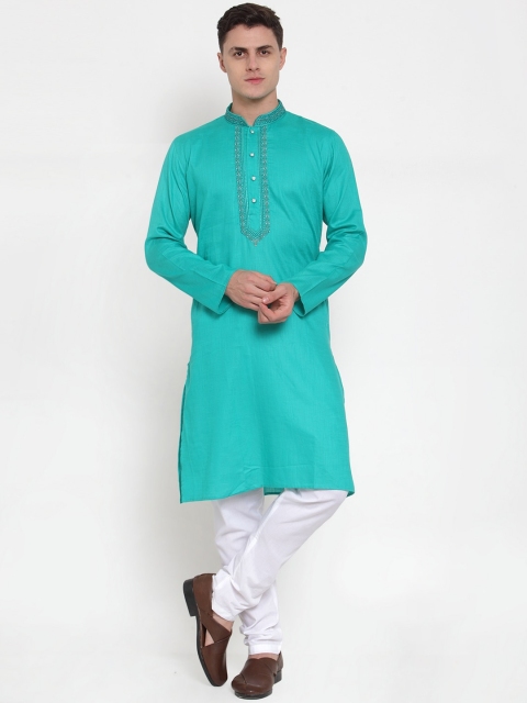 

MAXENCE Men Turquoise Blue Solid Kurta with Churidar