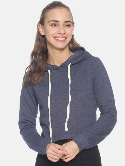 

Campus Sutra Women Blue Solid Hooded Crop Sweatshirt