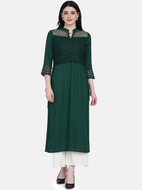 

Ojjasvi Women Dark Green Yoke Design Straight Kurta with Lace Detail