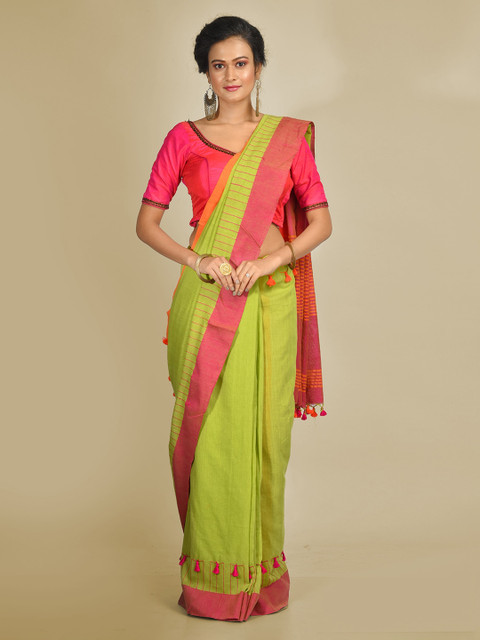 

Mitera Lime Green & Pink Cotton Blend Solid Handloom saree