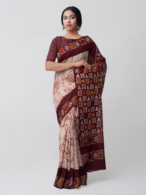 

Unnati Silks Beige & Brown Pure Cotton Batik Printed Handloom Kota Saree