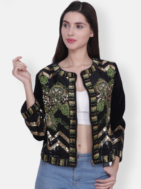 

Diwaah Women Black Self Design Bomber