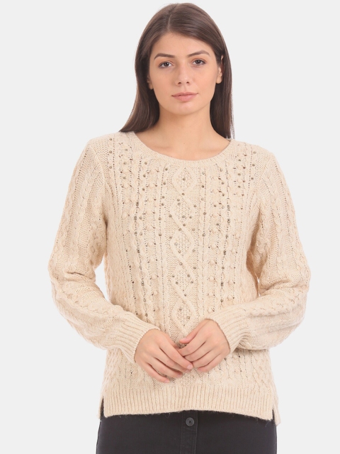 

GAP Women Beige Embellished Cable Knit Pullover Sweater