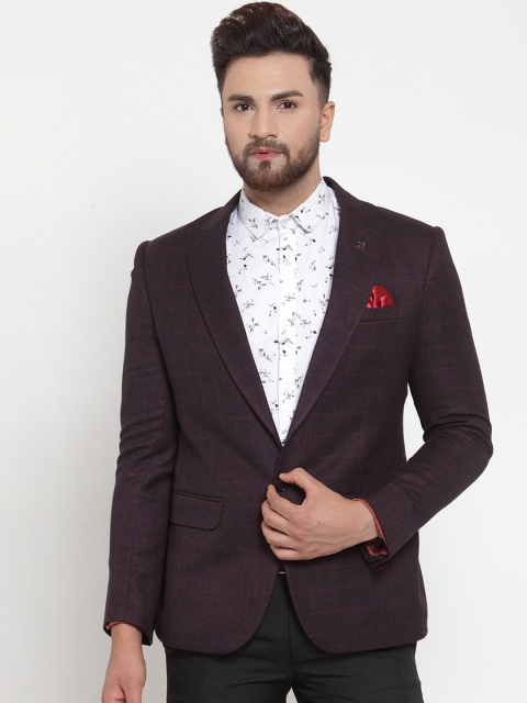 

MAXENCE Men Burgundy Checked Slim-Fit Single-Breasted Formal Blazer