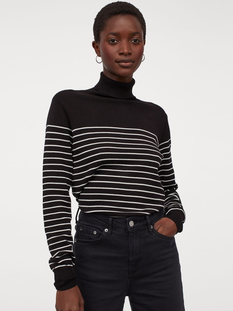 

H&M Women Black & White Striped Fine-Knit Polo-Neck Jumper