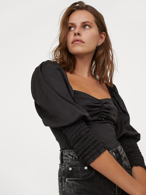 

H&M Women Black Puff-Sleeved Blouse